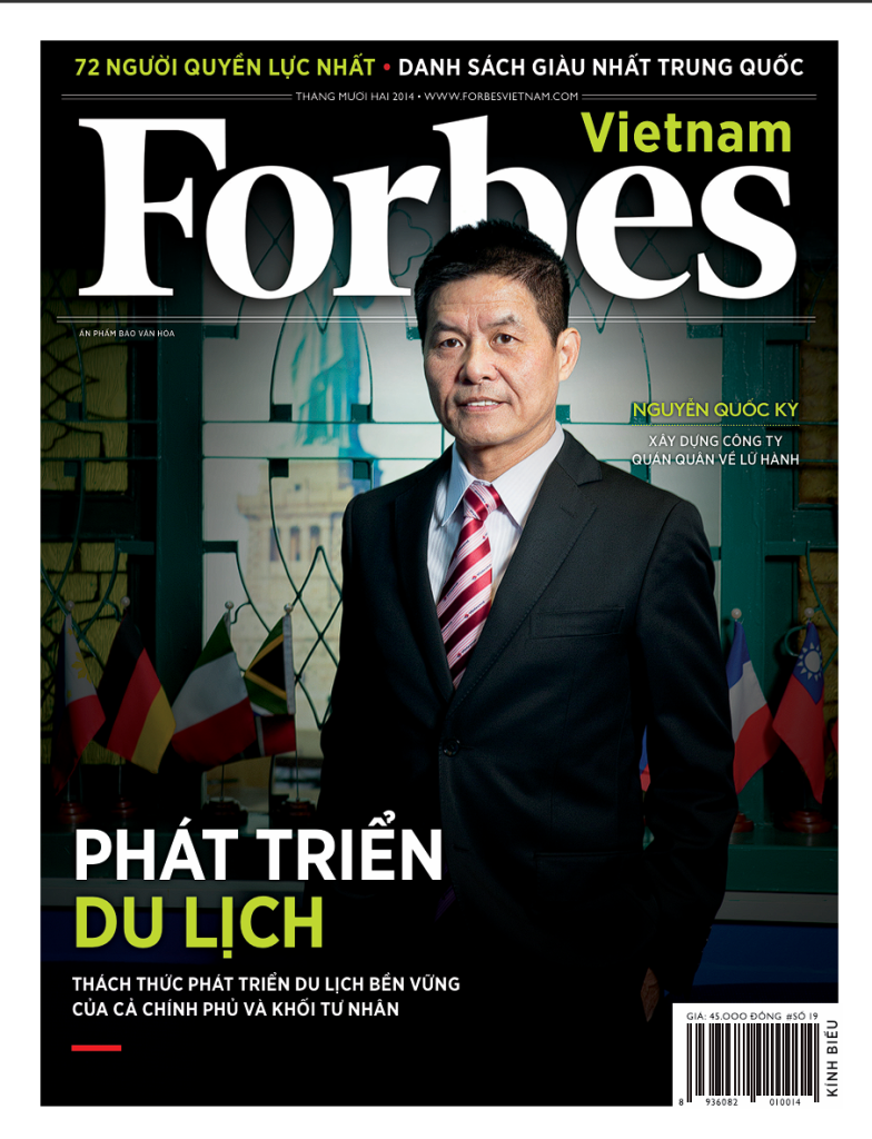 Ông Nguyễn Quốc Kỳ trên bìa ấn phẩm Forbes Việt Nam số 19, chuyên đề du lịch, phát hành tháng 12.2014. Ảnh: Hải Đông